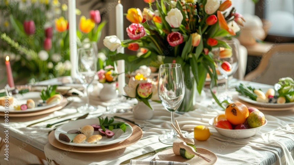 A festive dinner table elegantly set with dishes and cutlery, beautifully decorated with tulips and greenery