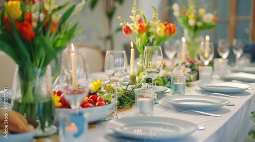 A festive dinner table elegantly set with dishes and cutlery  beautifully decorated with tulips and greenery