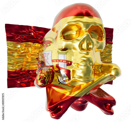 Gleaming Golden Skull Draped in Spanish Flag with Liquid Gold Background