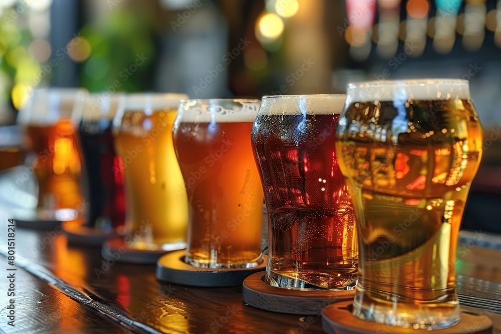 Close-Up of Assorted Beers in a Flight, Ready for a Tasting Adventure in a Cozy Pub Close-Up of Assorted Beers in a Flight, Ready for a Tasting Adventure in a Cozy Pub
