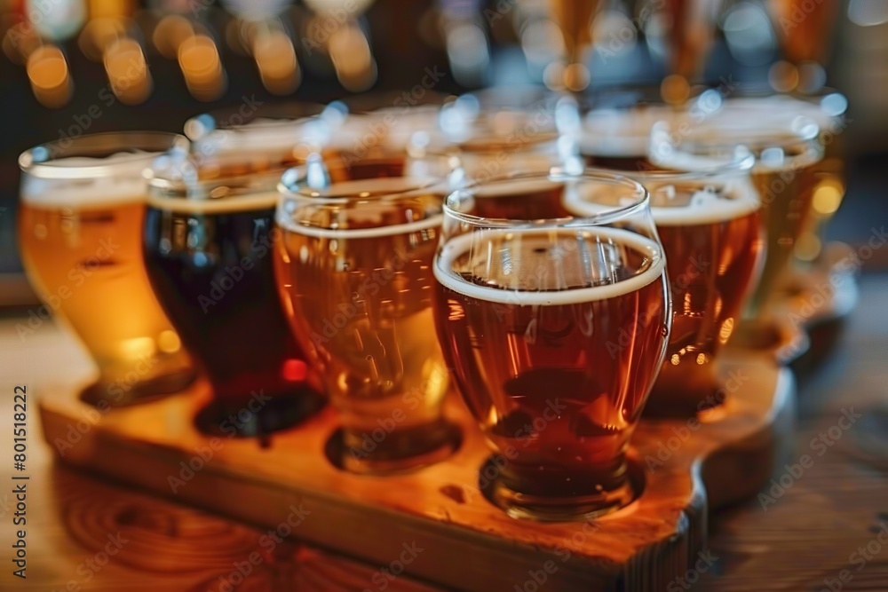 Close-Up of Assorted Beers in a Flight, Ready for a Tasting Adventure in a Cozy Pub Close-Up of Assorted Beers in a Flight, Ready for a Tasting Adventure in a Cozy Pub
