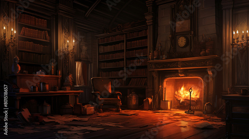 A mysterious study with shelves of dusty tomes and a flickering fireplace casting eerie shadows. photo