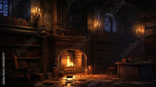 A mysterious study with shelves of dusty tomes and a flickering fireplace casting eerie shadows.