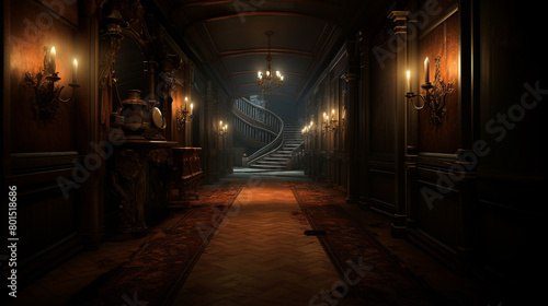 A mysterious hallway with antique furnishings and flickering gas lamps, hinting at secrets hidden in the shadows. photo