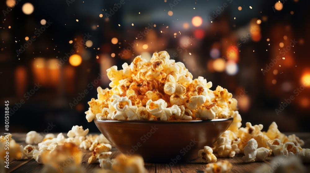 Popcorn in a bowl on a wooden table with bokeh background Popcorn in a bowl on a wooden table with bokeh background