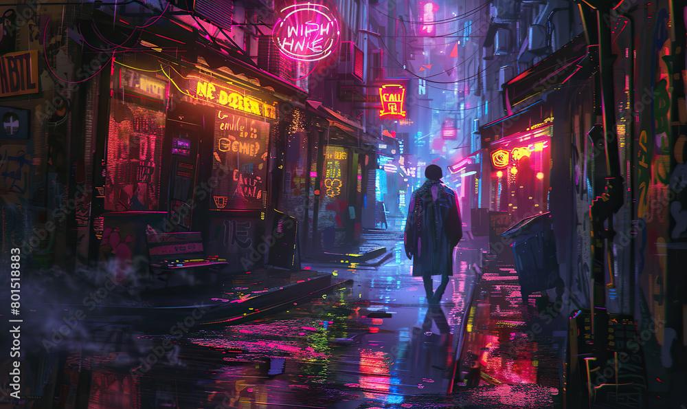 A lone figure walks through a rain-soaked alley aglow with vibrant neon signs. Generate AI