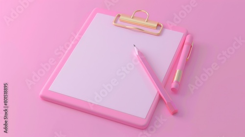 A vibrant 3D illustration featuring a clipboard and pencil on a pink background  designed to resemble a notepad icon