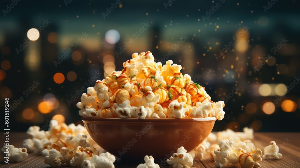 Bowl of popcorn on wooden table with blurred city lights background. Bowl of popcorn on wooden table with blurred city lights background.