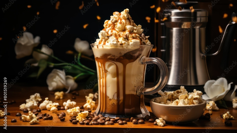 Cappuccino with caramel and popcorn in a glass cup.