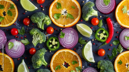 This eye-catching flat lay features a colorful food pattern composed of broccoli  orange slices  red peppers  onions  tomatoes