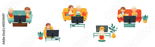 Cute Kids Sitting and Watching TV Vector Set