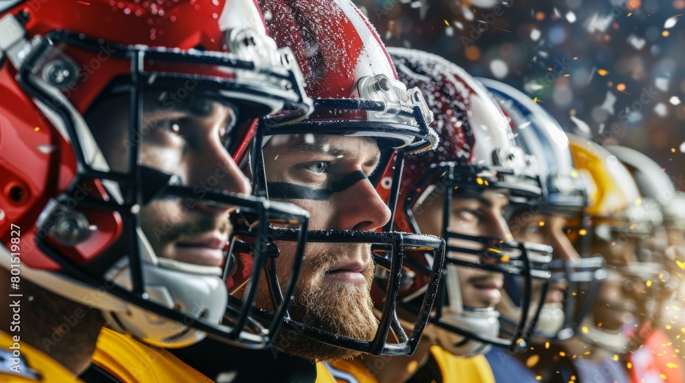 Line of football players in helmets ready for game under lights, showcasing teamwork and anticipation during a competitive sports event. Line of football players in helmets ready for game under lights, showcasing teamwork and anticipation during a competitive sports event.