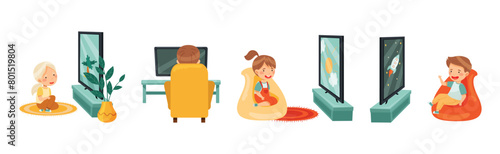 Cute Kids Sitting and Watching TV Vector Set