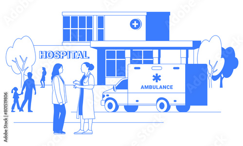 Vector graphic of hospital building isolated on white. Health care illustration with ambulance car, doctor and patient. Blue color line art concept. © Anastasiia Neibauer