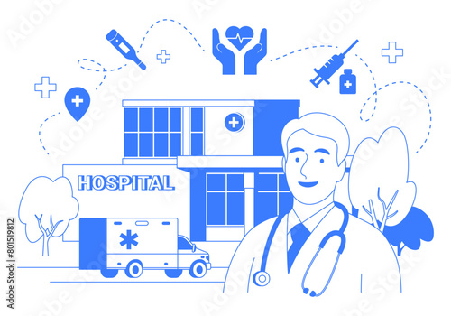 Vector graphic of doctor, ambulance and hospital building isolated. Healthcare infographic with medical icons. Blue color line art. Medical abstract concept. © Anastasiia Neibauer