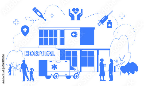 Vector graphic of hospital building isolated. Healthcare infographic with medical icons. Blue color line art. Ambulance and people near the clinic. © Anastasiia Neibauer
