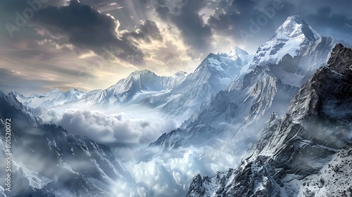 A majestic mountain vista  with snow-capped peaks piercing the clouds  while a blank frame rests against rugged terrain  poised for artistic expression
