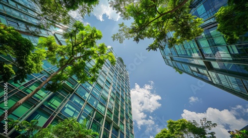 A low angle shot of towering modern glass buildings framed by lush greenery against a clear blue sky  highlighting urban architecture in harmony with nature.  