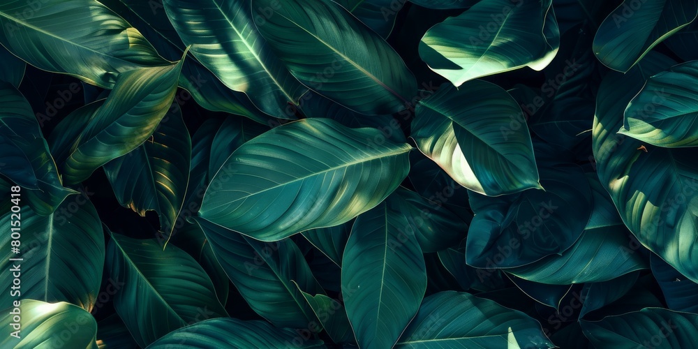 Detailed view of multiple fresh green leaves up close Detailed view of multiple fresh green leaves up close