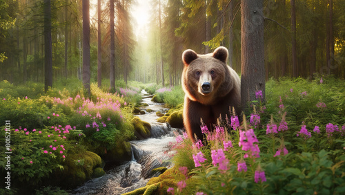 A big brown bear in the forest near a stream