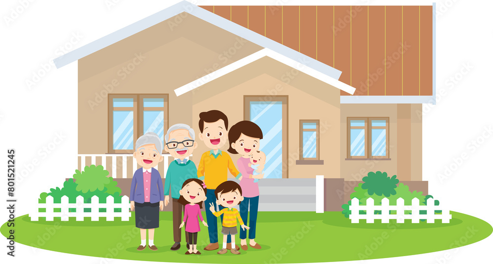 Happy big family standing with house ,rainbow Happy big family standing with house ,rainbow