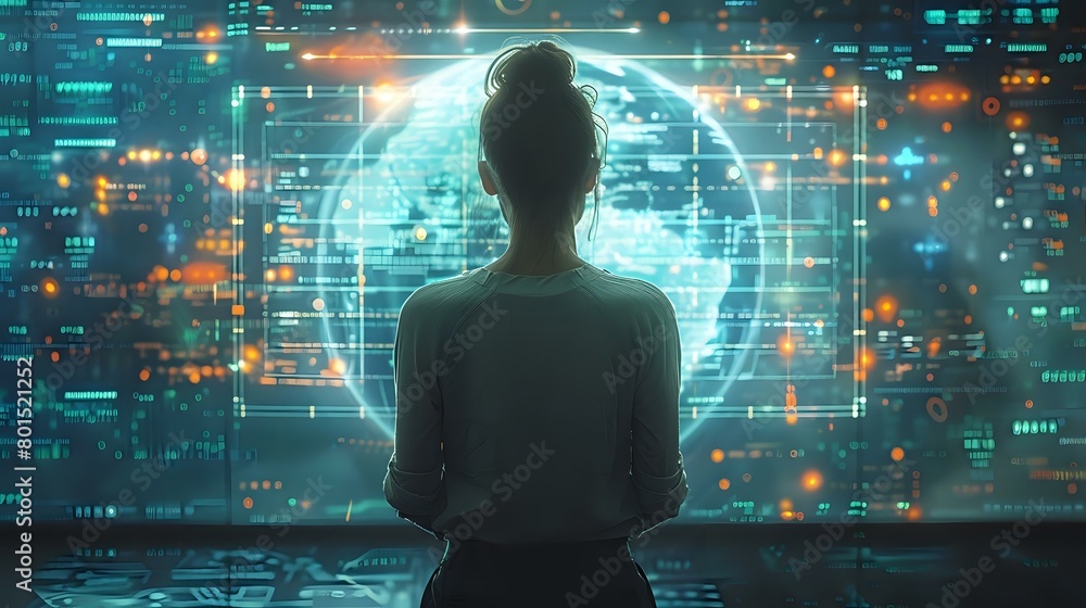 Modern Businesswoman Engaging with Futuristic Data Visualizations Modern Businesswoman Engaging with Futuristic Data Visualizations