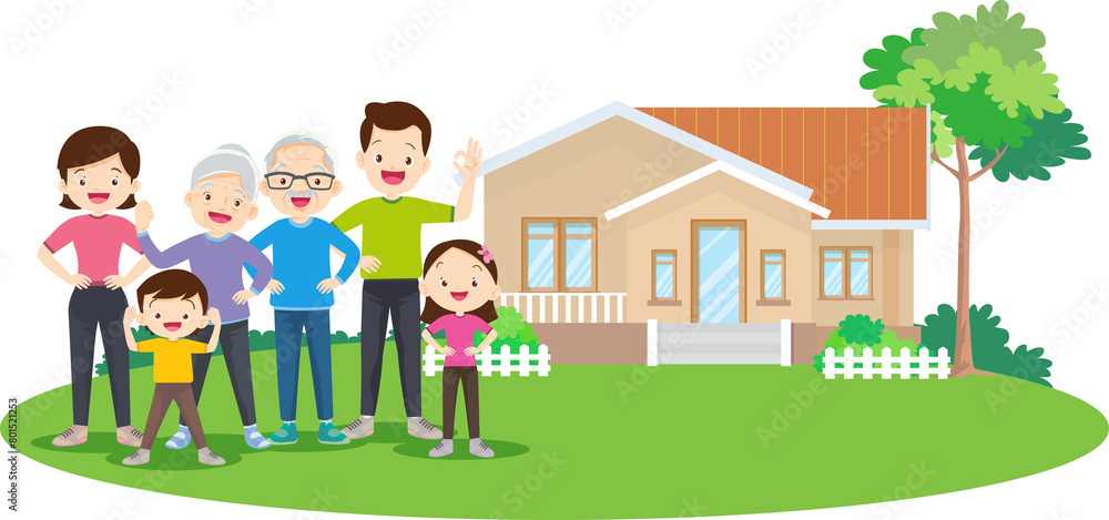 Happy big family standing with house ,rainbow Happy big family standing with house ,rainbow