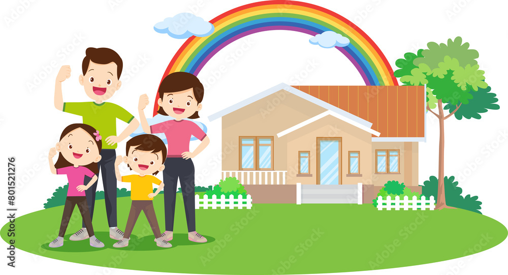 Happy big family standing with house ,rainbow Happy big family standing with house ,rainbow