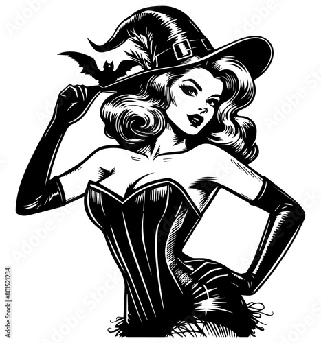 witch pin-up girl vintage style, black silhouette vector, comic cute woman shape print, monochrome clipart retro pin up illustration, laser cutting engraving nocolor