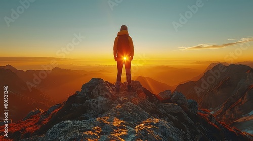 A man on top of a mountain with the sun setting behind him. Generative Ai photo