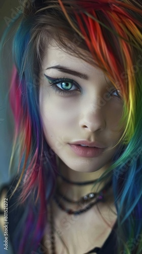 Vibrant woman with rainbow hair, piercing blue eyes, and expressive makeup.