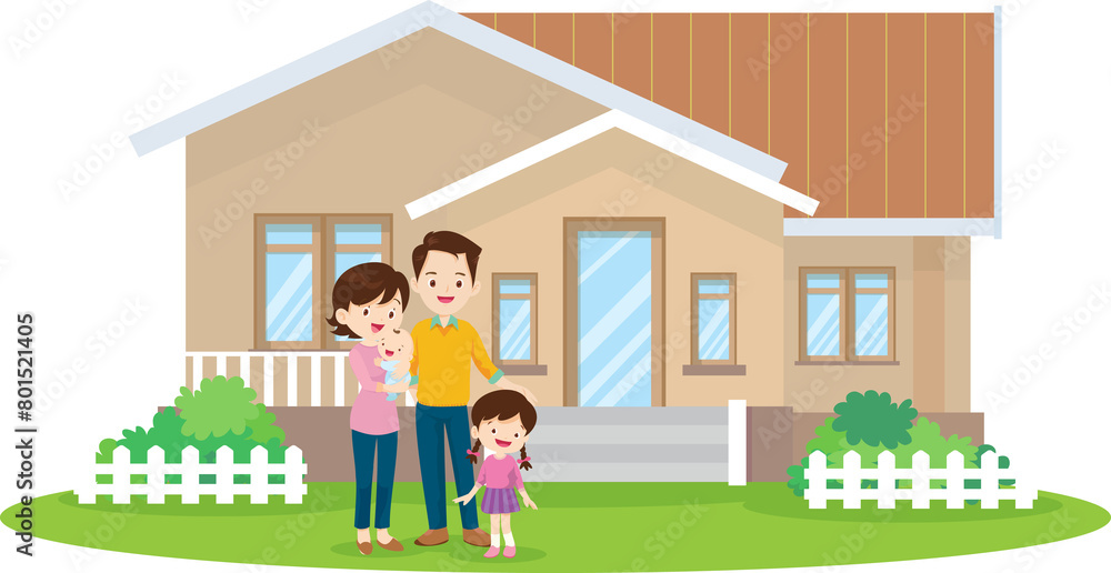 Happy big family standing with house ,rainbow Happy big family standing with house ,rainbow