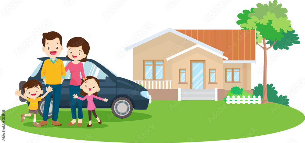 Happy big family standing with house ,rainbow Happy big family standing with house ,rainbow