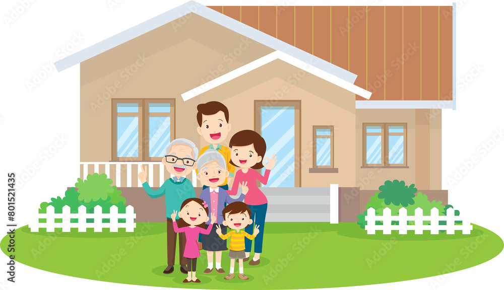 Happy big family standing with house ,rainbow Happy big family standing with house ,rainbow