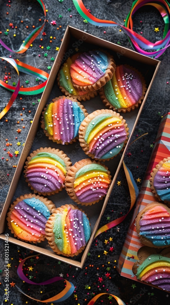 top view of cookies in rainbow colors and gift box 