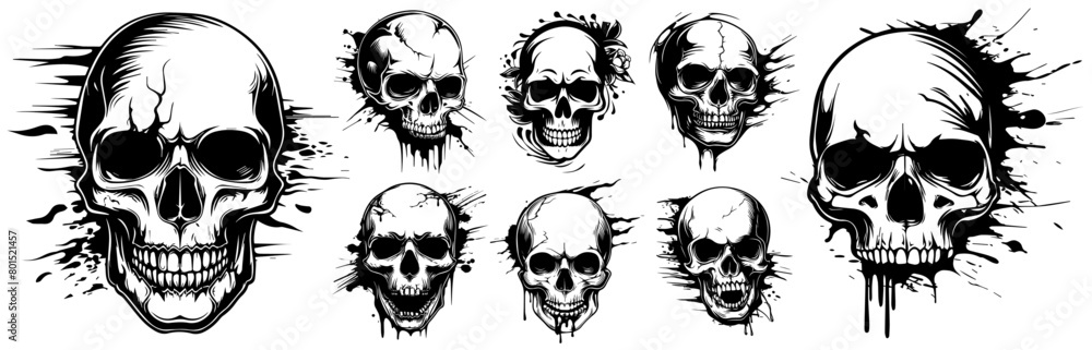 human skulls in grunge and splash style, black silhouette vector, shape print, monochrome clipart illustration, laser cutting engraving nocolor