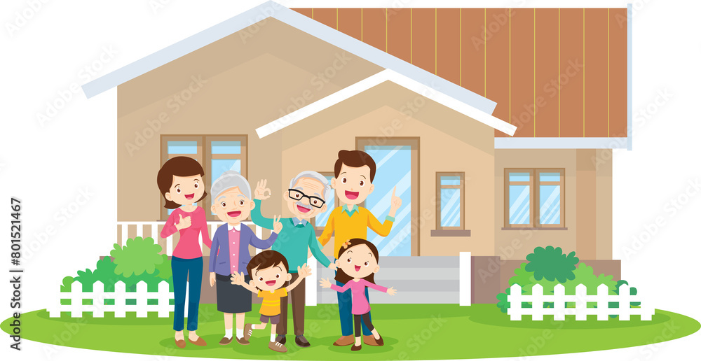 Happy big family standing with house ,rainbow Happy big family standing with house ,rainbow