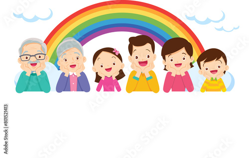 Happy big family standing with house  rainbow