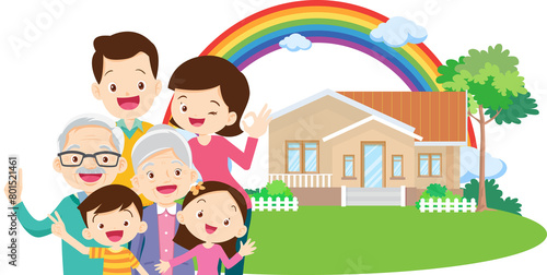 Happy big family standing with house  rainbow