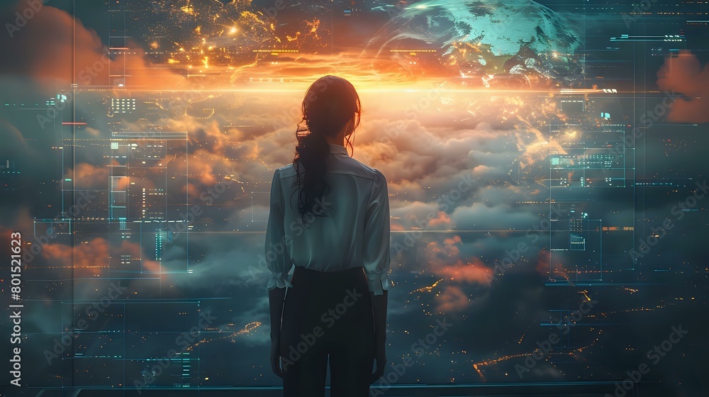 Fototapeta premium Elegant Business Executive Interacting with Futuristic Digital Interfaces