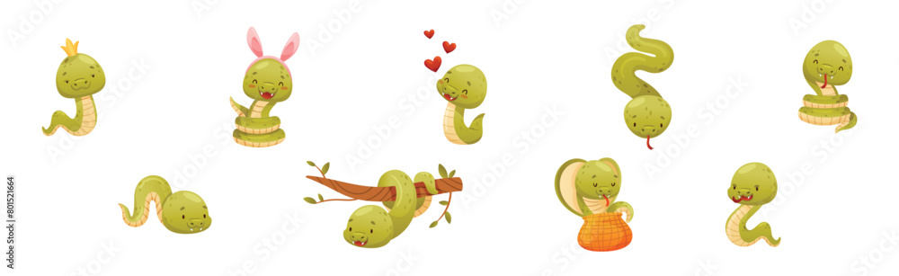 Fototapeta premium Cute Green Snake Funny Wild Baby Reptile Vector Set