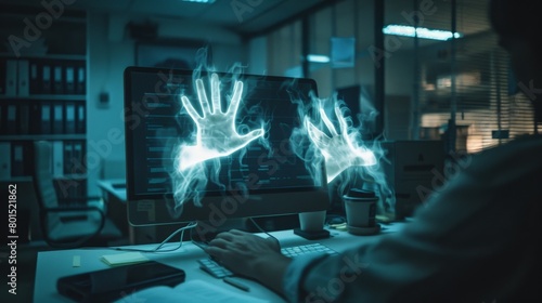 A pair of ghostly hands appearing over the shoulder of a person working late at night in an office
