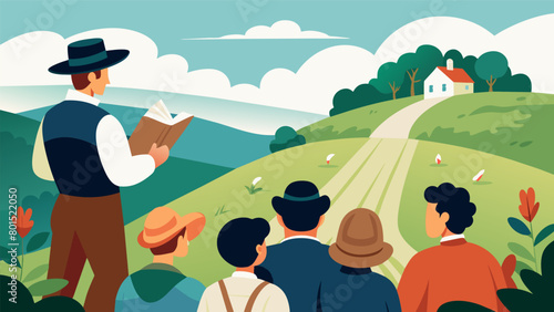 On a grassy hilltop overlooking rolling fields a group of farmers pause from their harvest work to listen as a local preacher reads from the. Vector illustration
