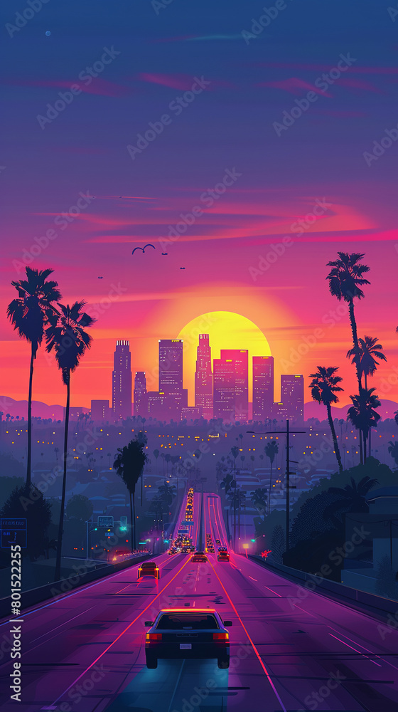 A highway with the city of Los Angeles in the background, purple and pink neon lights in the style of a cyberpunk style