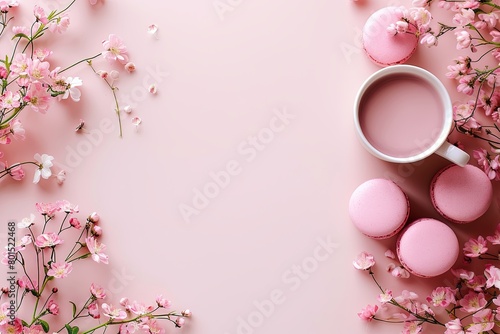 Flat lay white cup with pink macarons and pink flowers. Copy space