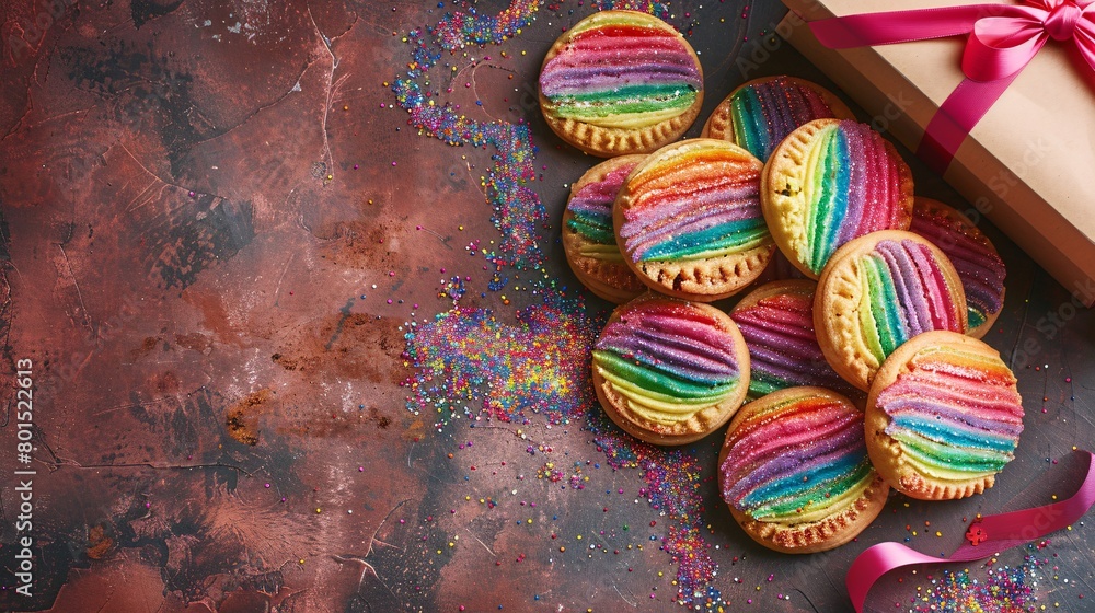 top view of cookies in rainbow colors and gift box 