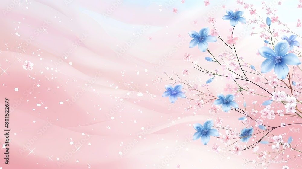  Blue flowers in a bouquet against pink and blue backdrop, adorned with stars and sparkles in corners