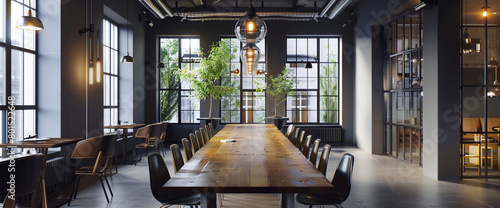 A modern dining room with a long, wooden table and mismatched chairs, illuminated by a cluster of industrial pendant lights. photo