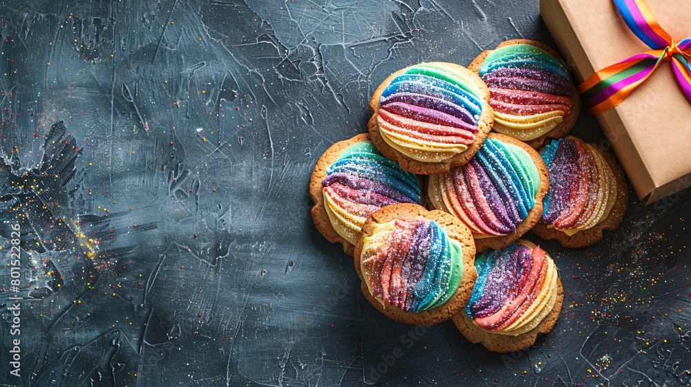 cookies in rainbow colors and gift box on table background with copy space