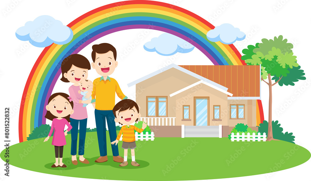 Happy big family standing with house ,rainbow Happy big family standing with house ,rainbow